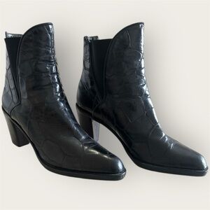 Via Spiga | Black Croc Embossed Leather Ankle Boots Block Heel Western Style, 7